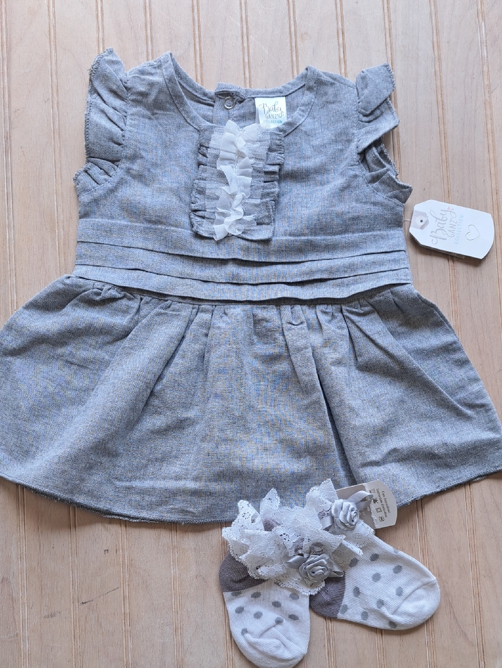 NWT Baby Ganz Collection Gray Ruffle Dress & Lace Rose Socks Set Infant Girl